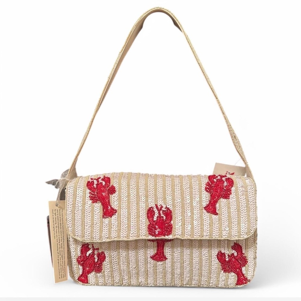 Beaded Beige and Red Lobster Patterned Handbag